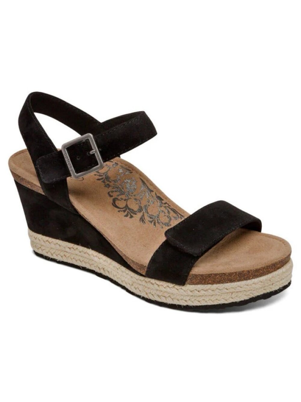 Aetrex Black Suede Wedge Espadrille Sandals
